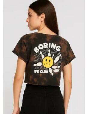 Boring Life Club Tie-Dye Graphic Tee Cropped Bowling Shirt M
